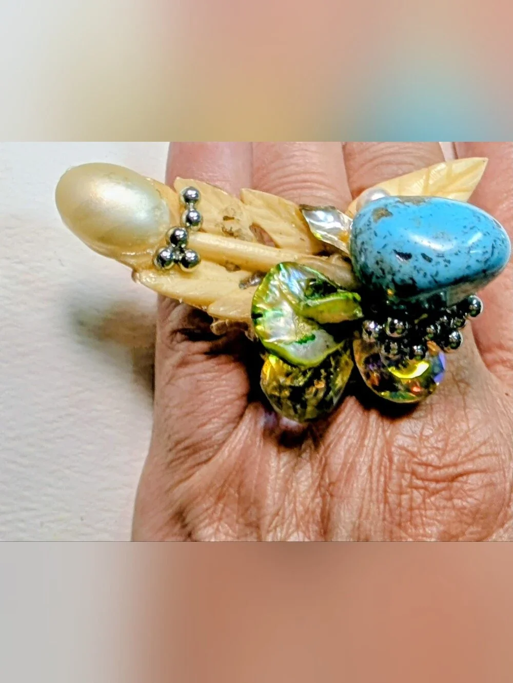 Wendy Gell ring turquoise bone and Swarovski jewels